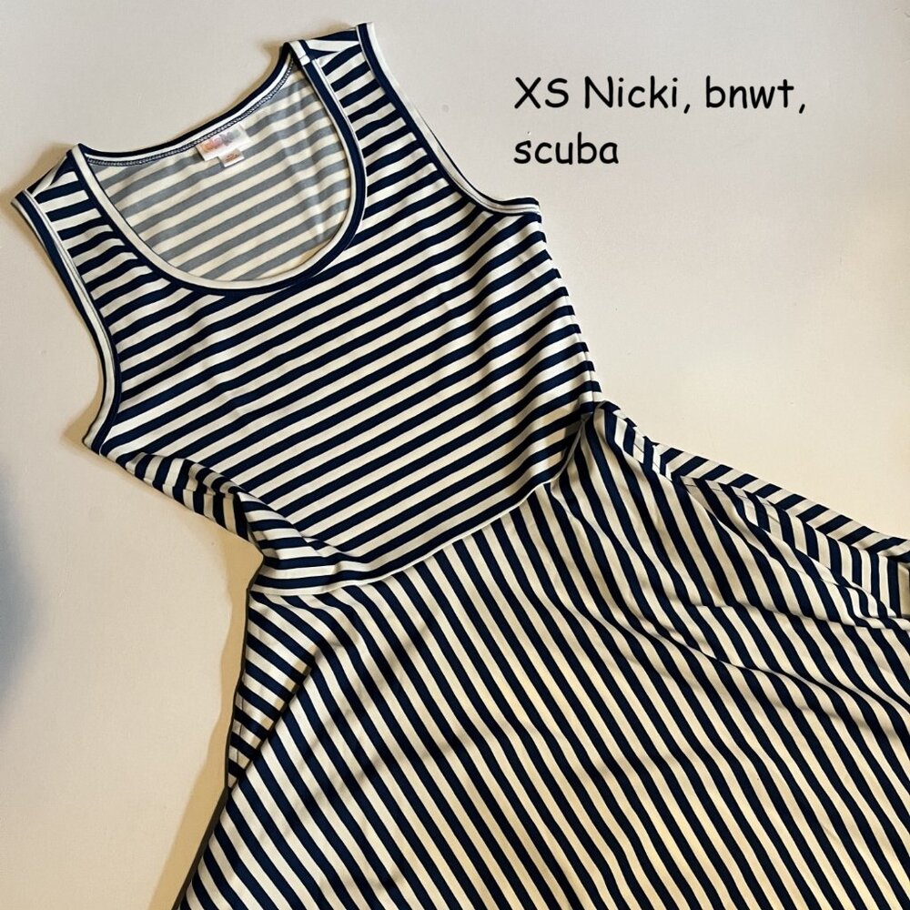 XS Lularoe Nicki dress, navy blue and white stripes, scuba